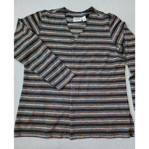 Chico's Design Women's Black Multi Striped Long Sleeve Button Front Cardigan